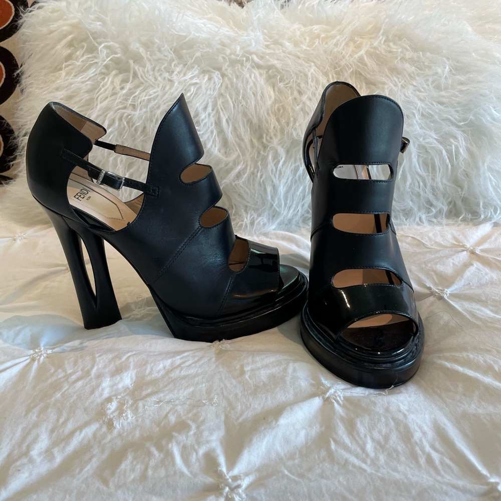 Fendi Leather Peep Toe Cutout Bootie with Patent Tip
